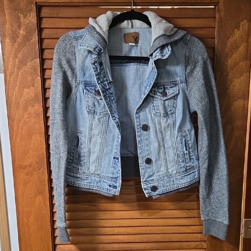 Denim and Gray Hooded American Eagle Jacket